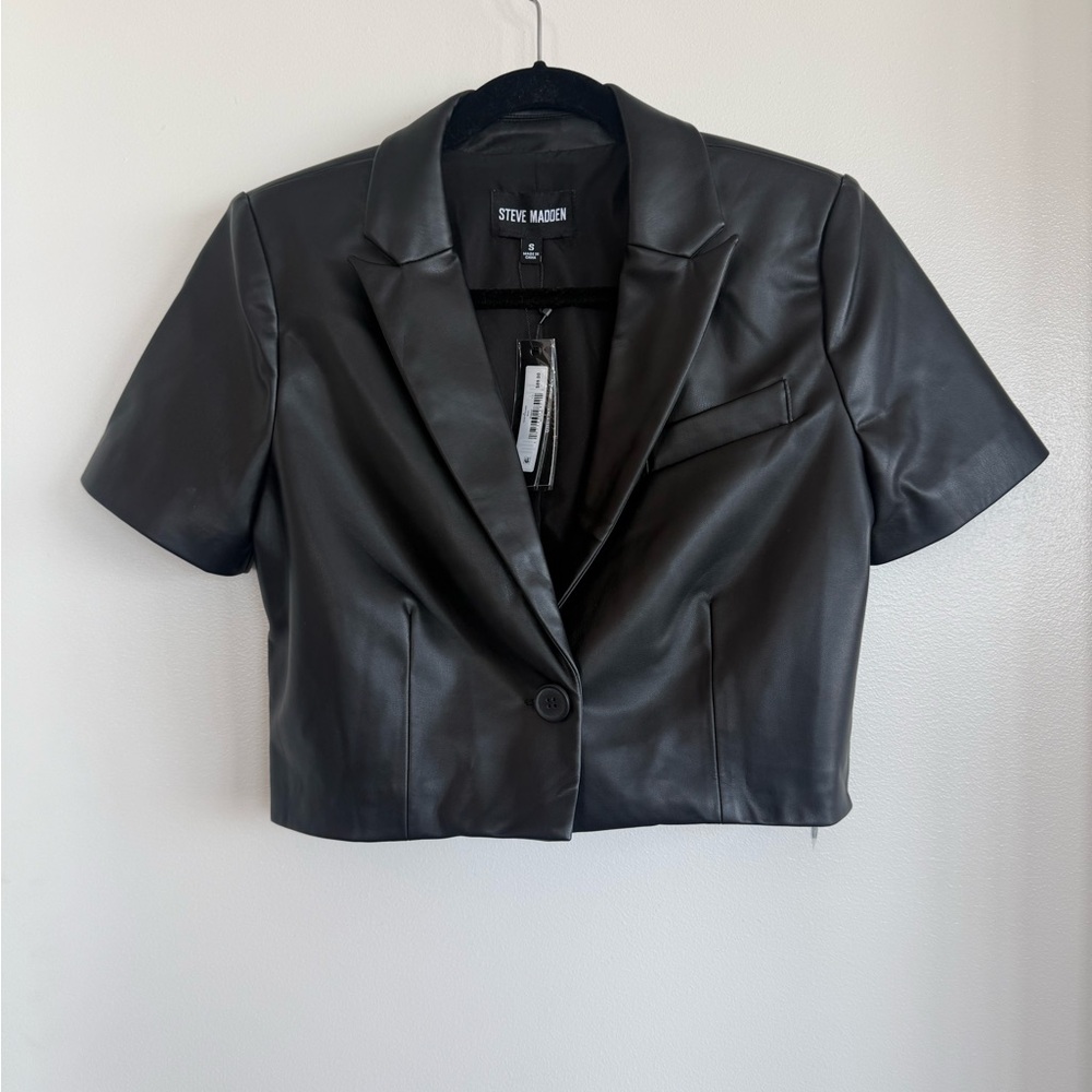 NWT Steve Madden Fayette Black Faux Leather Cropped Blazer